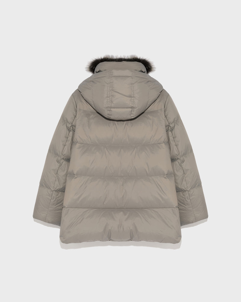 A line down jacket in water-repellent technical fabric with fox fur collar