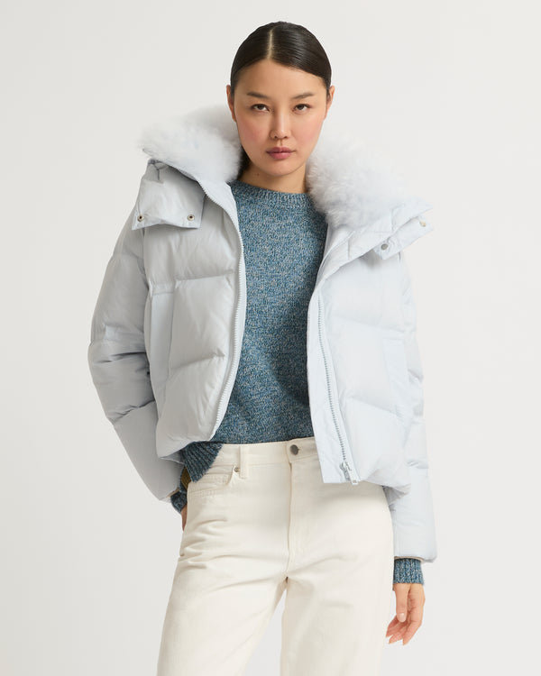 Short "A" line down jacket in water-repellent technical fabric with fluffy lambswool collar