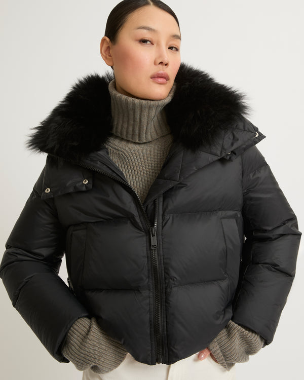 Short "A" line down jacket in water-repellent technical fabric with fluffy lambswool collar