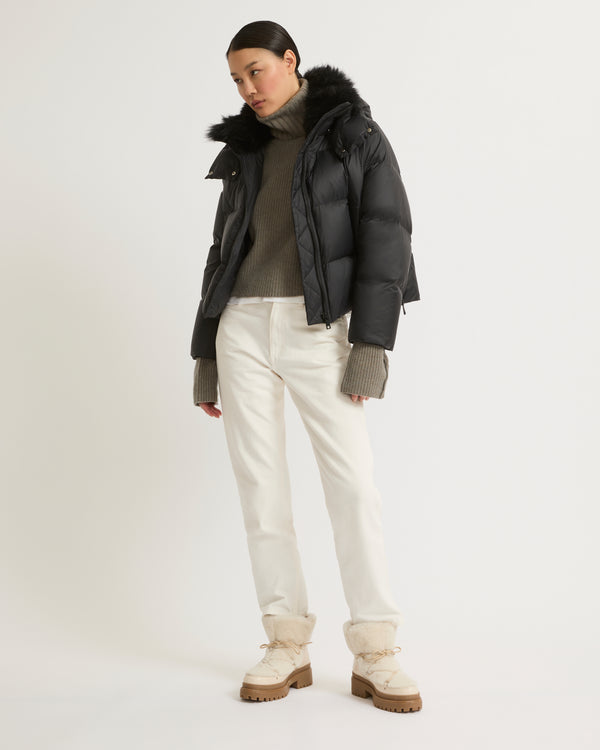 Short "A" line down jacket in water-repellent technical fabric with fluffy lambswool collar