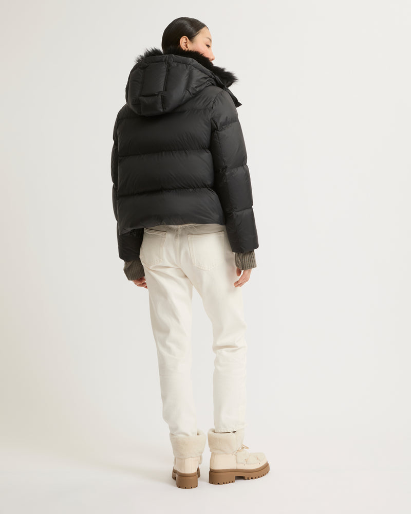 Short "A" line down jacket in water-repellent technical fabric with fluffy lambswool collar