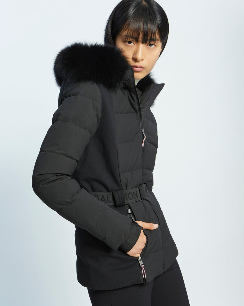 mixed fabric belted skiwear jacket with fox fur trim