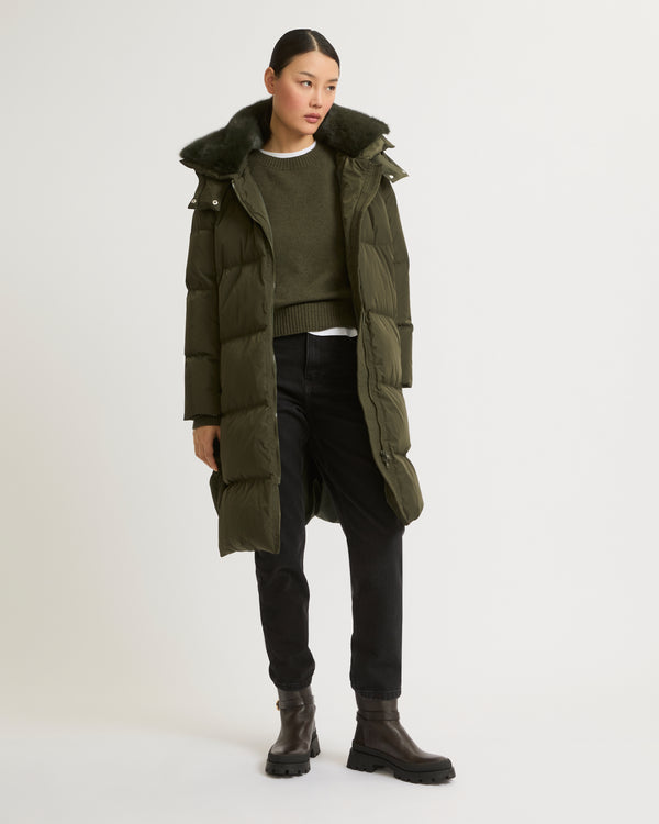 Long belted down jacket in technical fabric