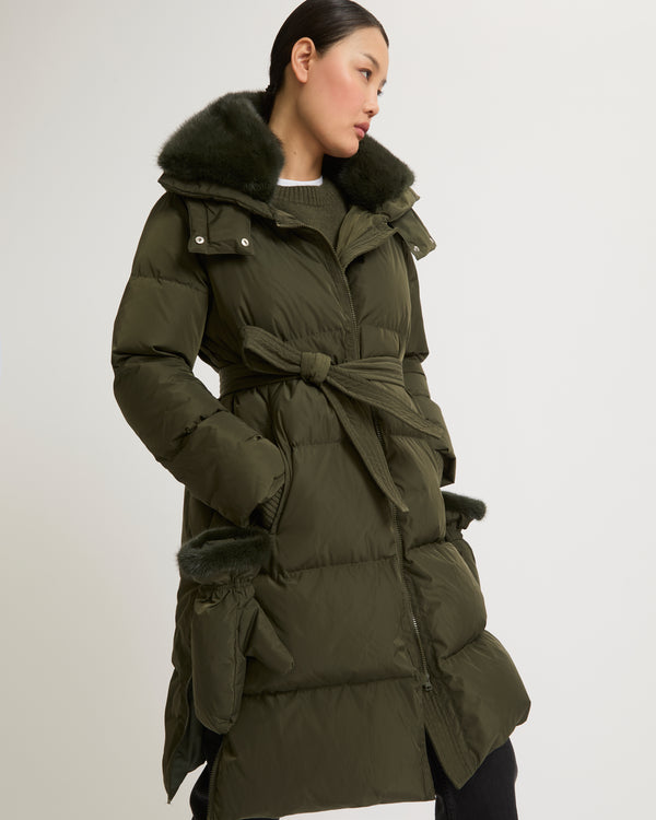 Long belted down jacket in technical fabric