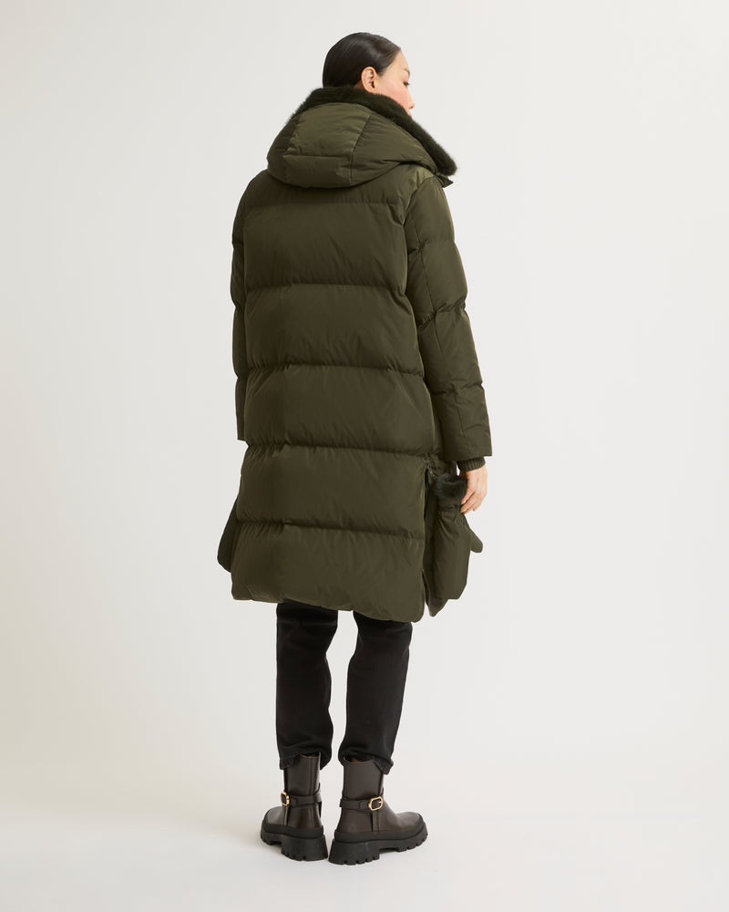 Long belted down jacket in technical fabric