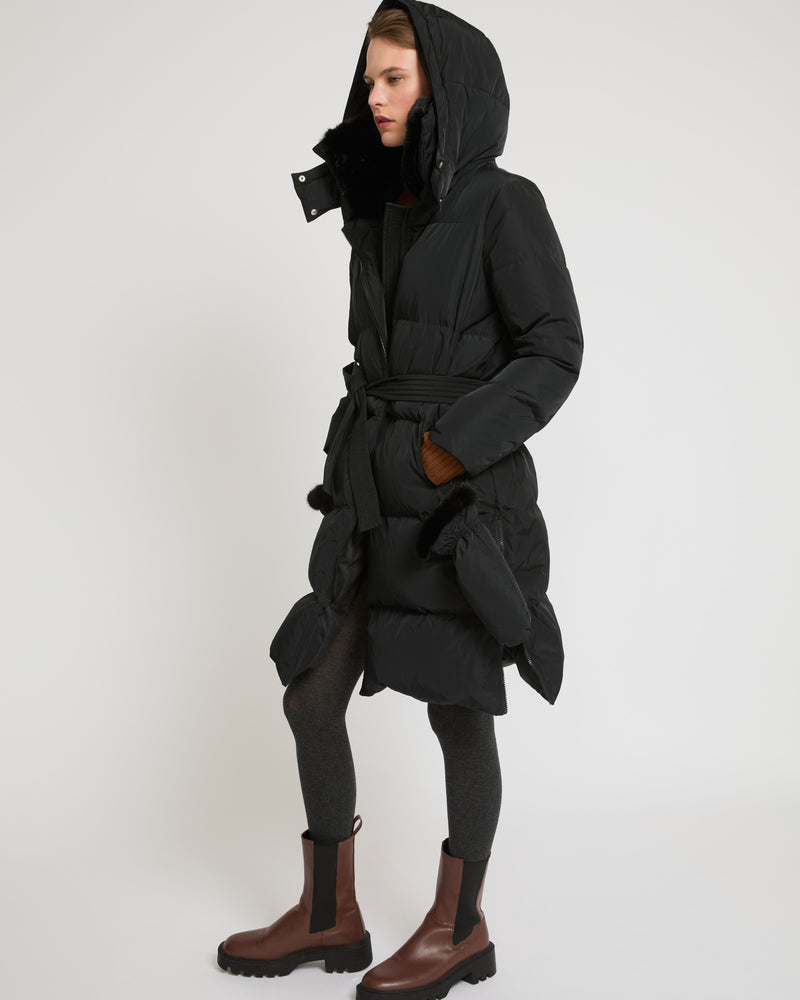 Long belted down jacket in technical fabric