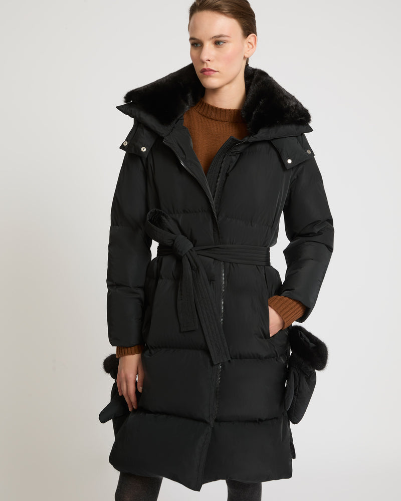 Long belted down jacket in technical fabric