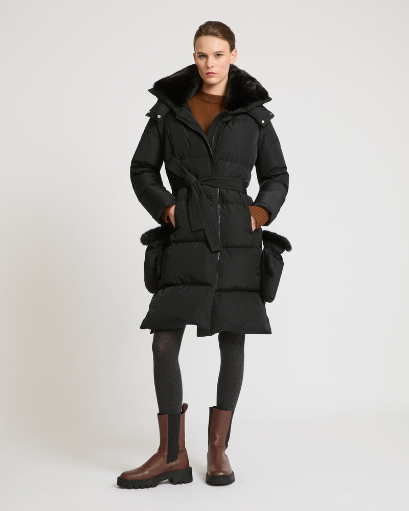 Long belted down jacket in technical fabric