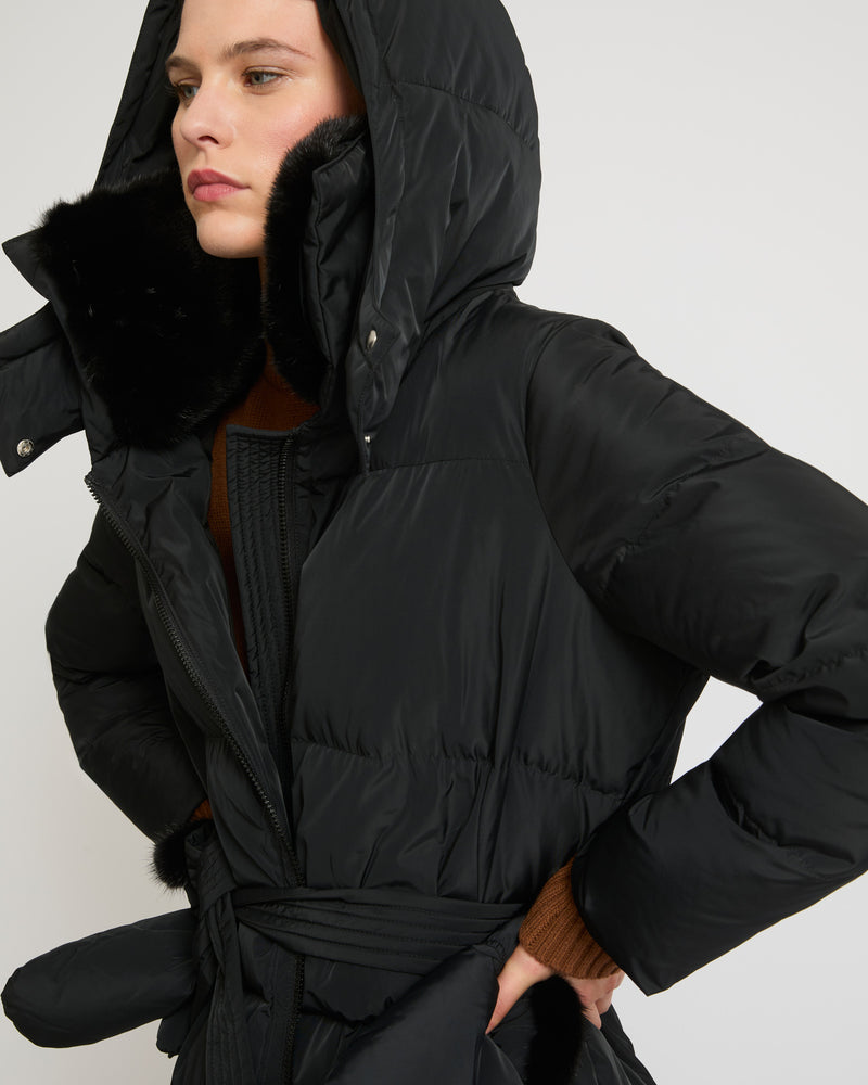 Long belted down jacket in technical fabric