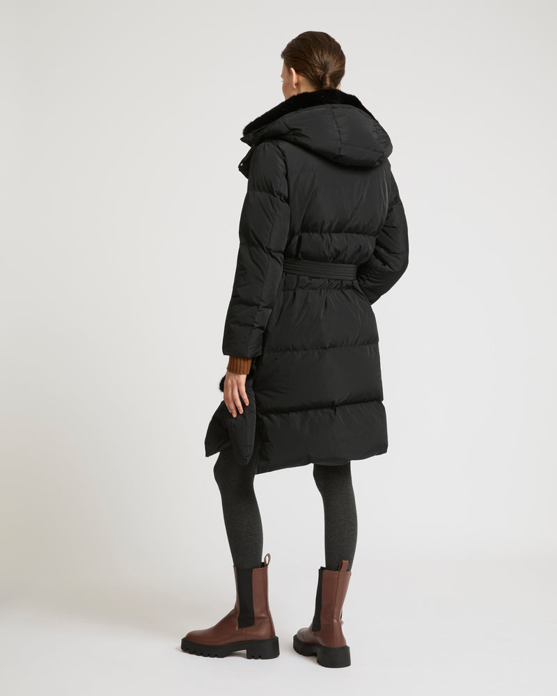 Long belted down jacket in technical fabric