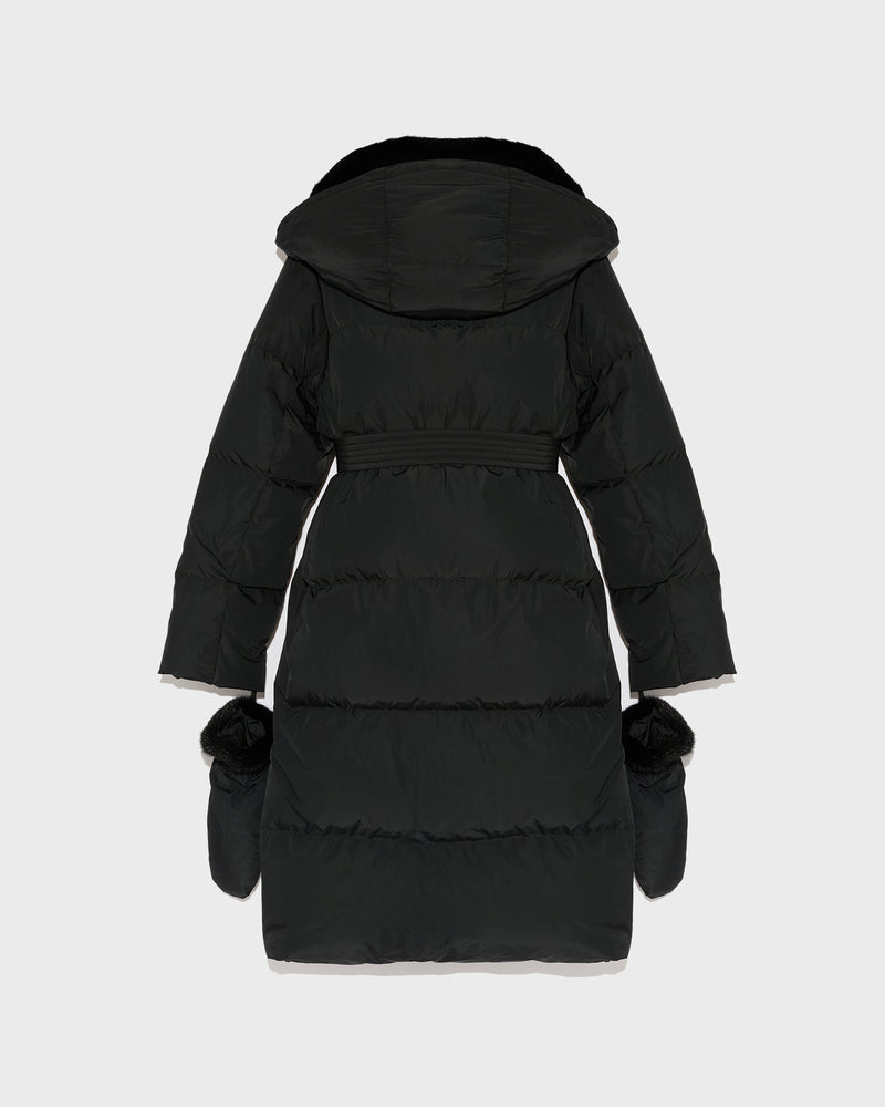 Long belted down jacket in technical fabric