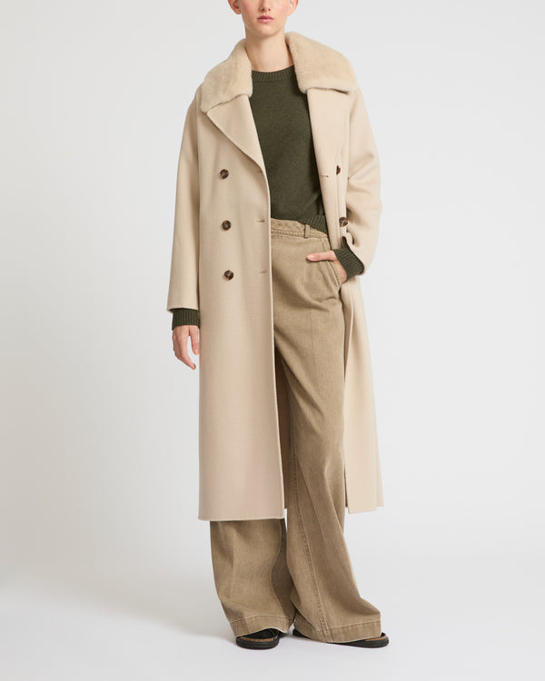 Manteau long en lainage cachemire avec col en fourrure de vison