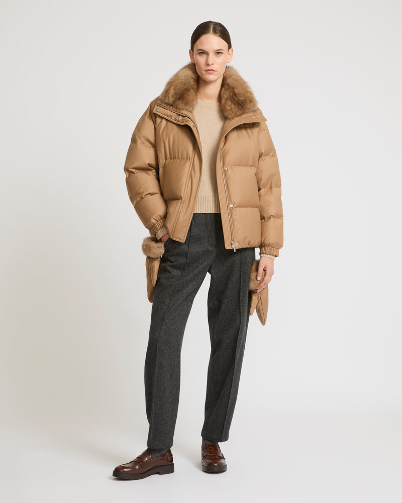 Short down jacket in Loro Piana flannel fabric with detachable sable collar