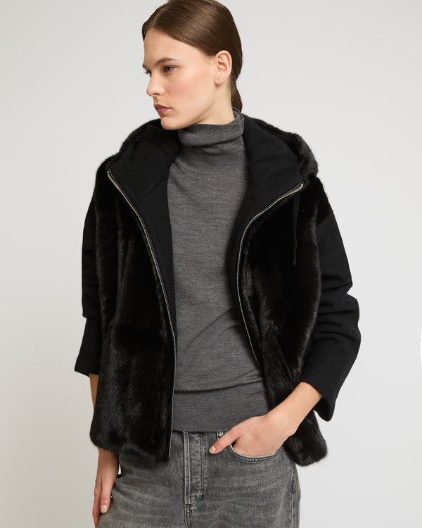 Belted down jacket in waterproof technical fabric with fox and rabbit fur