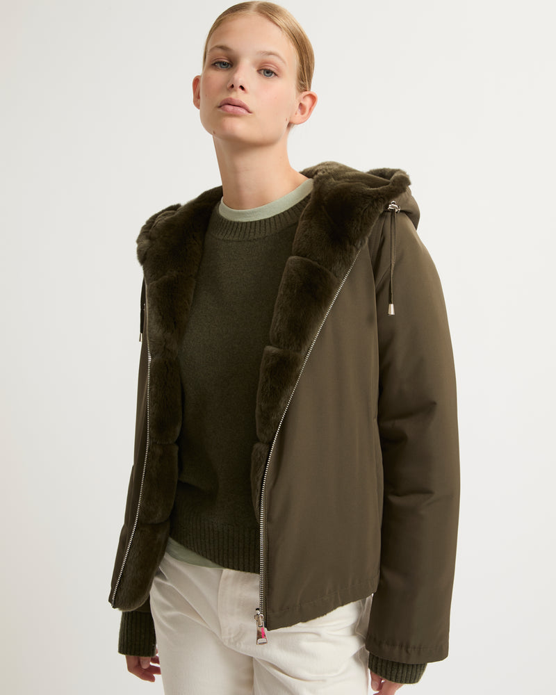 Short reversible parka in fabric and rex rabbit fur