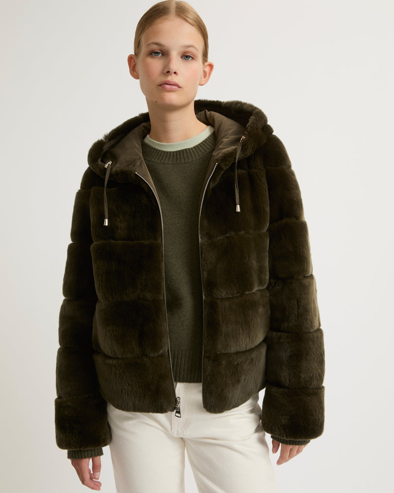 Short reversible parka in fabric and rex rabbit fur