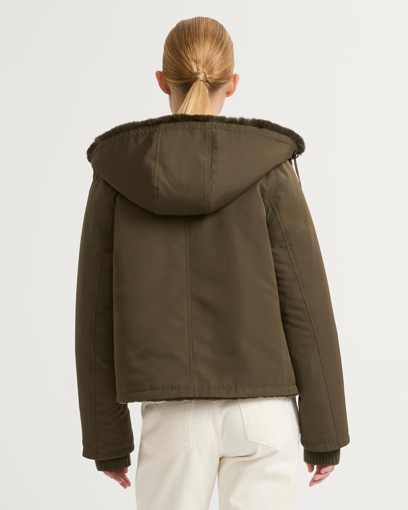 Short reversible parka in fabric and rex rabbit fur