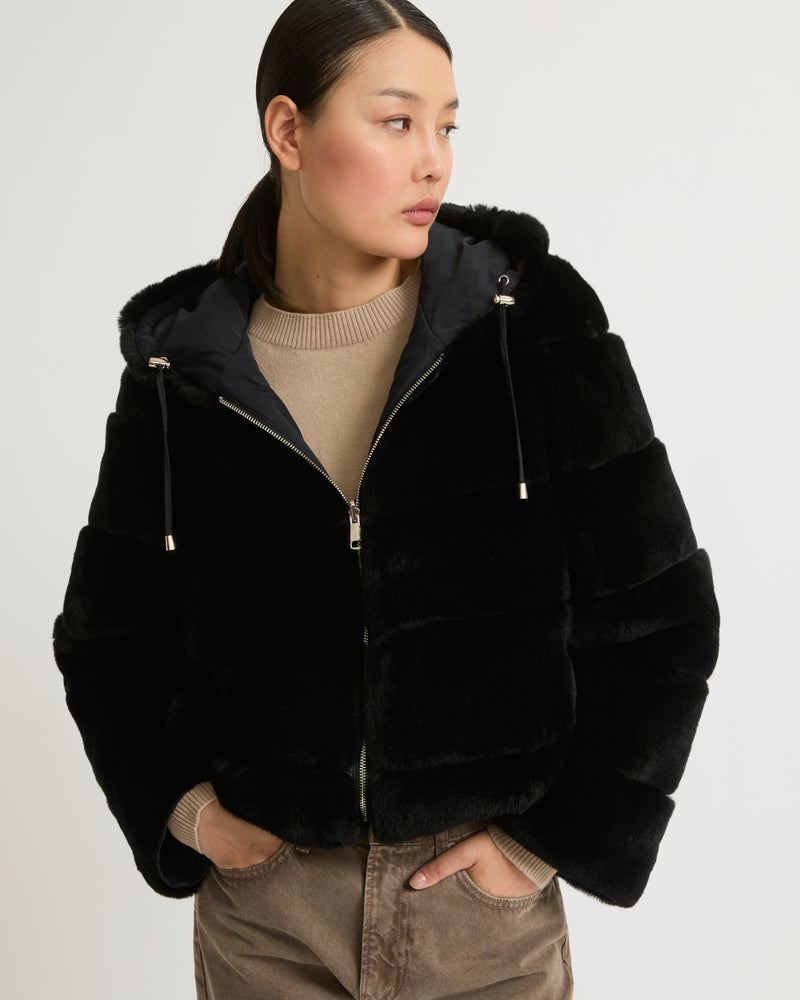 Short reversible parka in fabric and rex rabbit fur