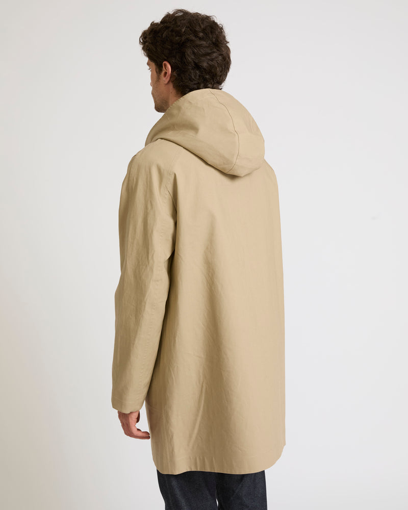 Manteau à capuche en coton double face et détails cuir