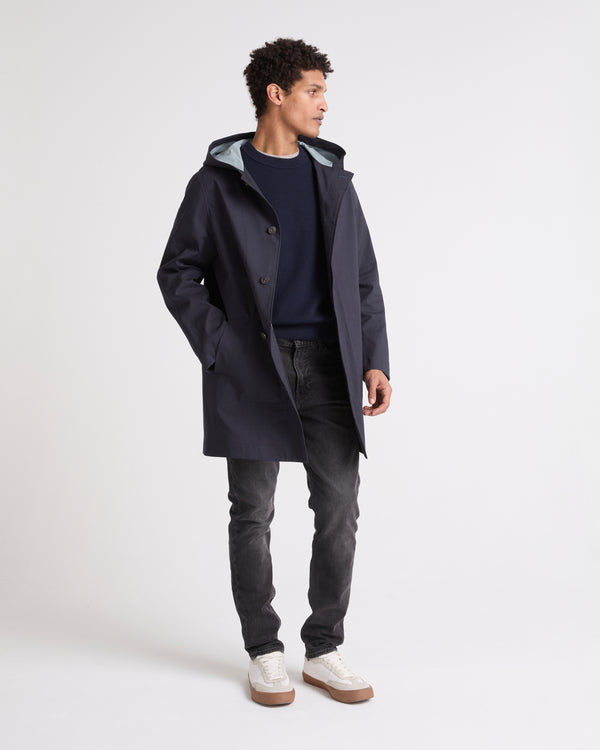 Manteau à capuche en coton double face et détails cuir