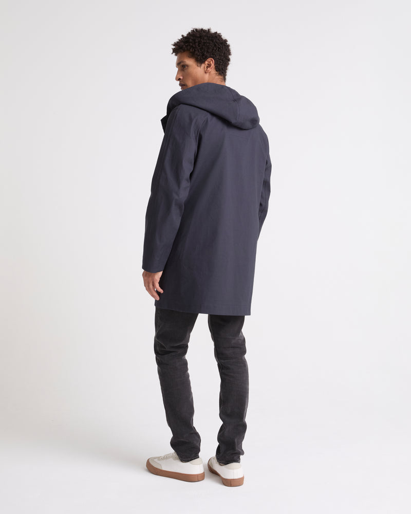 Manteau à capuche en coton double face et détails cuir