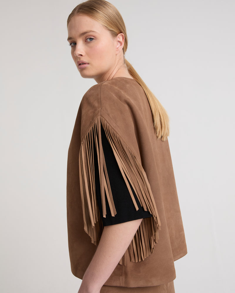 Short fringed cape in double-sided velour lamb leather - brown - Yves Salomon