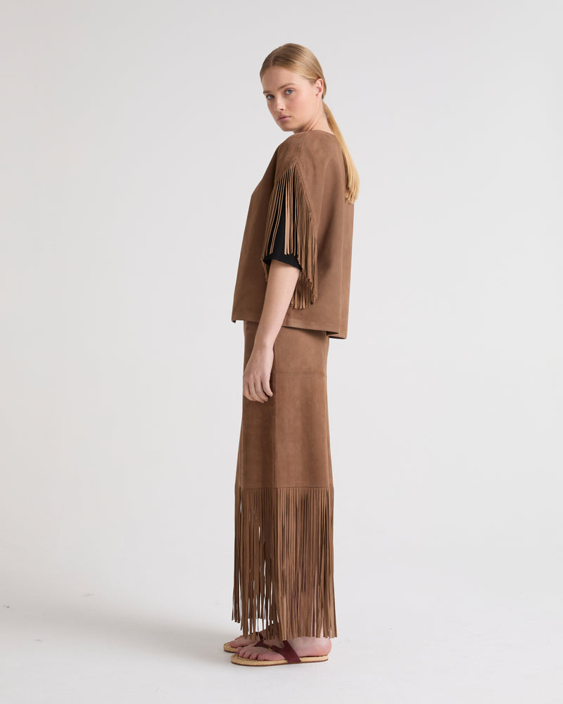 Fringed maxi skirt in double-sided velour lamb leather - brown - Yves Salomon