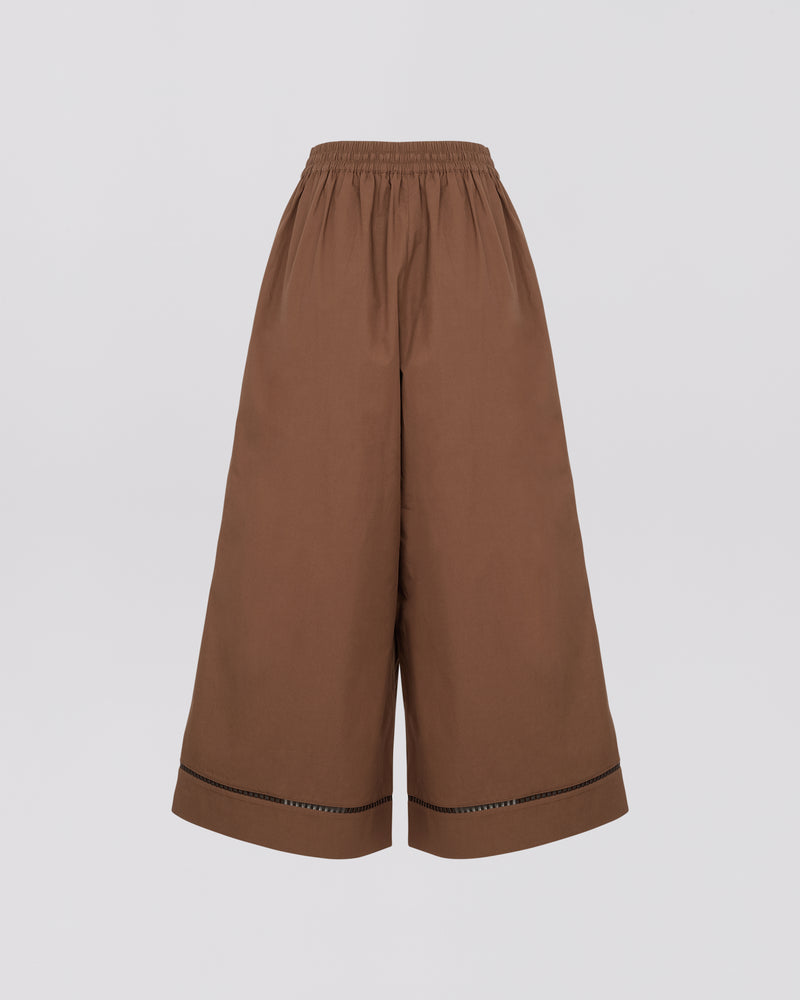 Pantalon jupe culotte en popeline de coton avec inserts de cuir