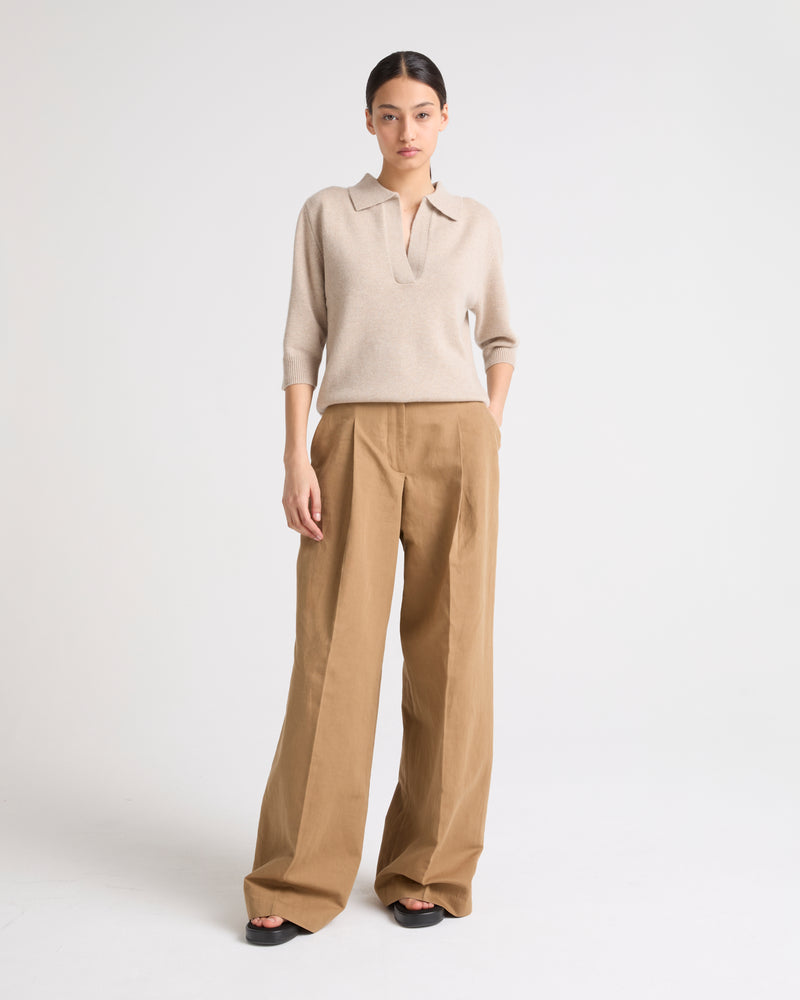 Pleated trousers in cotton-linen fabric - camel - Yves Salomon