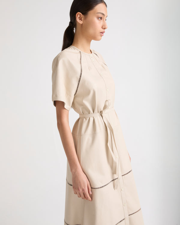 Lamb leather belted dress with ladder stitch - beige - Yves Salomon