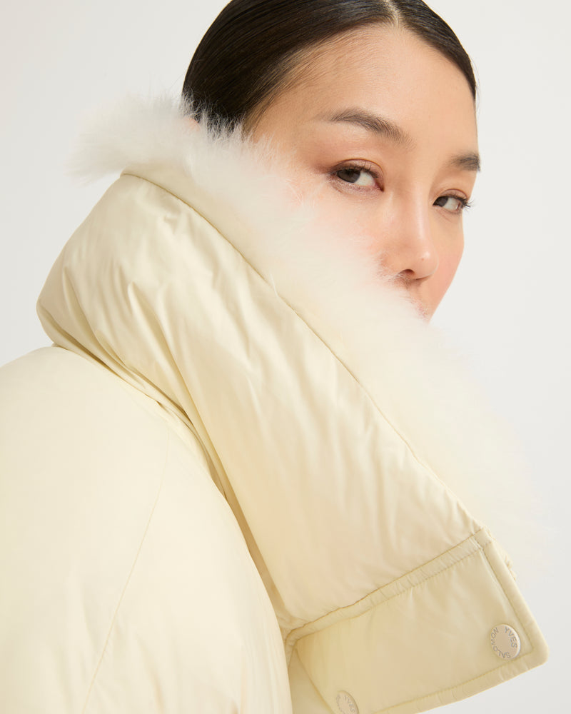 Stand collar down jacket with fluffy lambswool trim