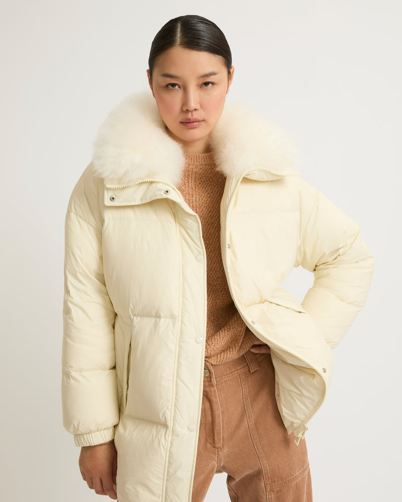 Stand collar down jacket with fluffy lambswool trim