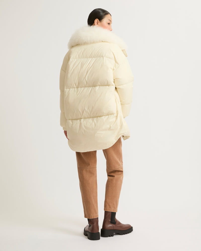 Stand collar down jacket with fluffy lambswool trim