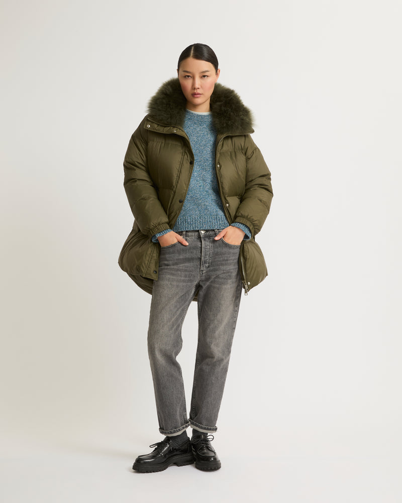 Stand collar down jacket with fluffy lambswool trim