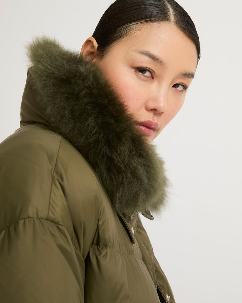 Stand collar down jacket with fluffy lambswool trim