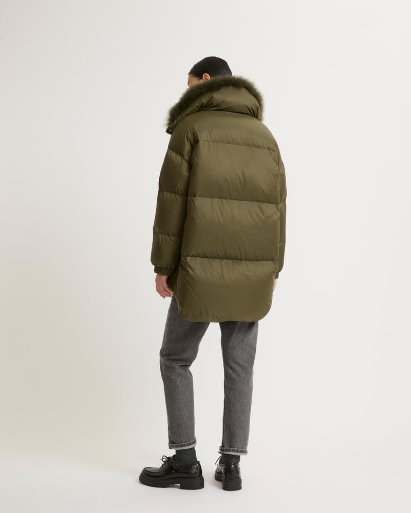 Stand collar down jacket with fluffy lambswool trim