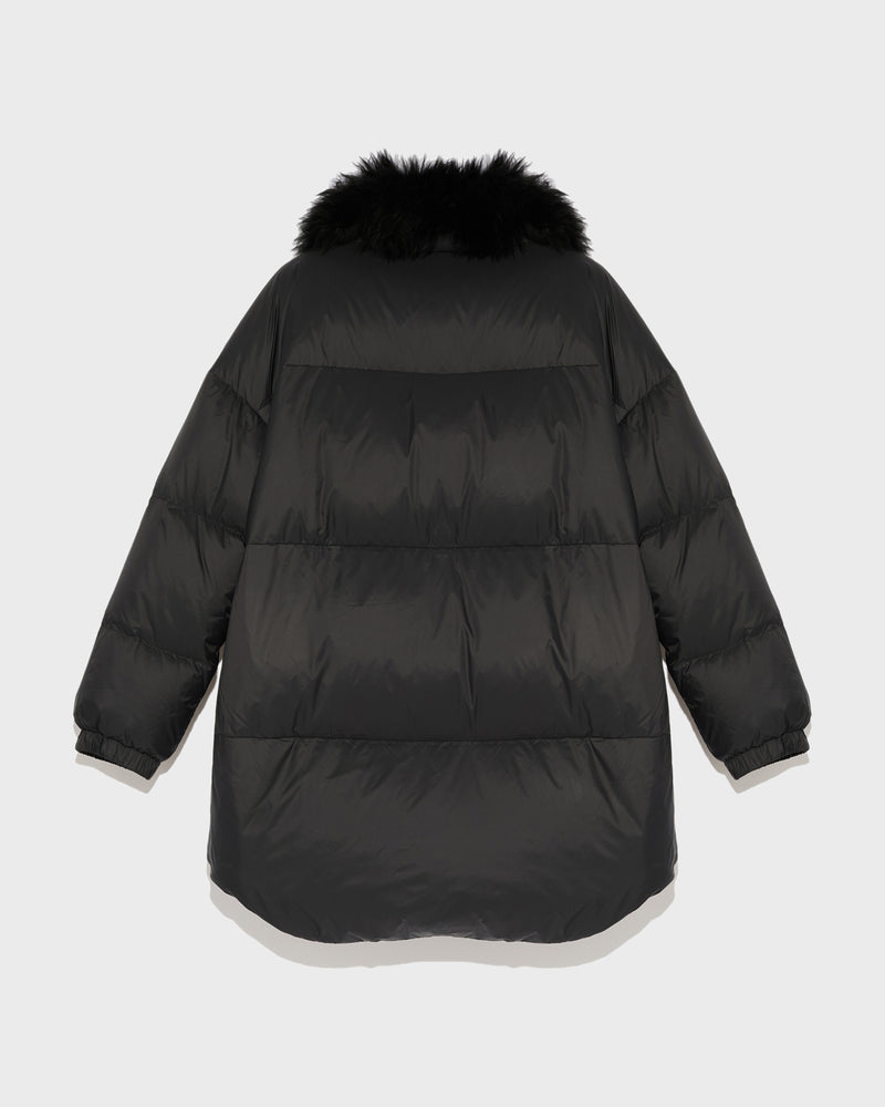 Stand collar down jacket with fluffy lambswool trim