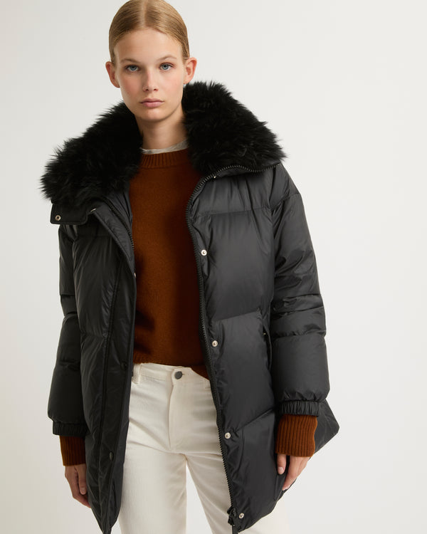 Stand collar down jacket with fluffy lambswool trim