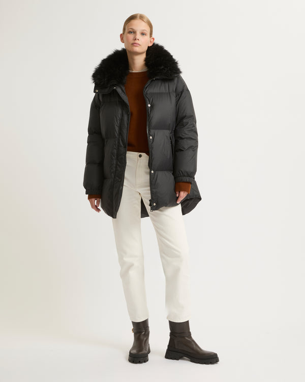 Stand collar down jacket with fluffy lambswool trim