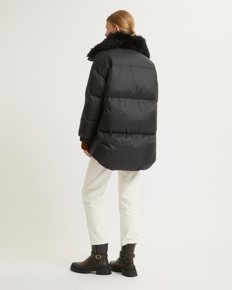 Stand collar down jacket with fluffy lambswool trim