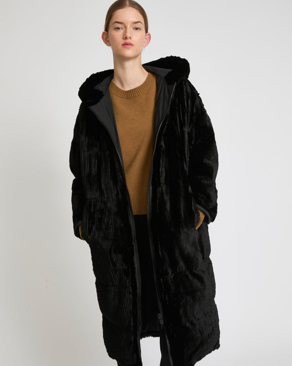 Long hooded down jacket in technical fabric reversible ribbed rex rabbit fur