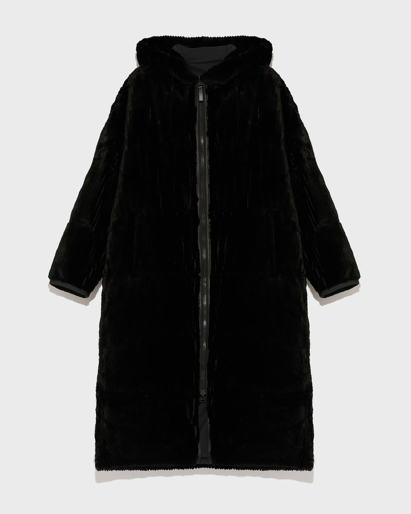 Long hooded down jacket in technical fabric reversible ribbed rex rabbit fur