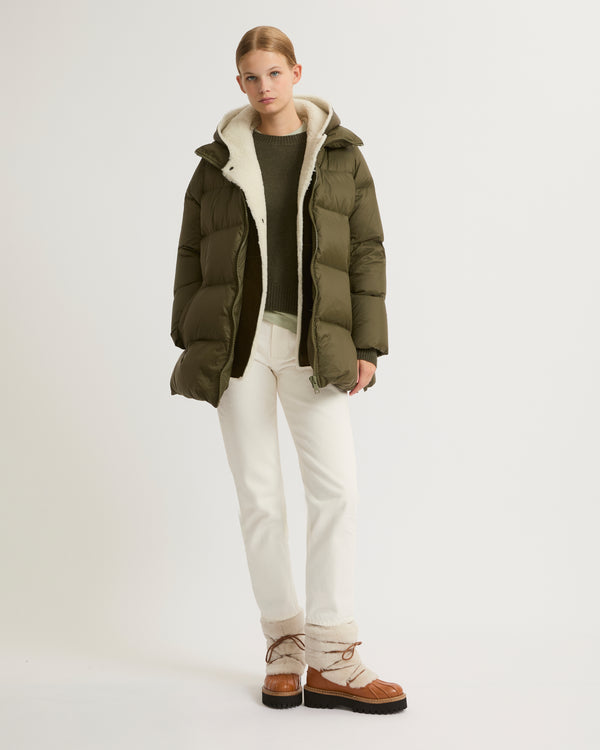 Hooded down jacket in nylon and lamb