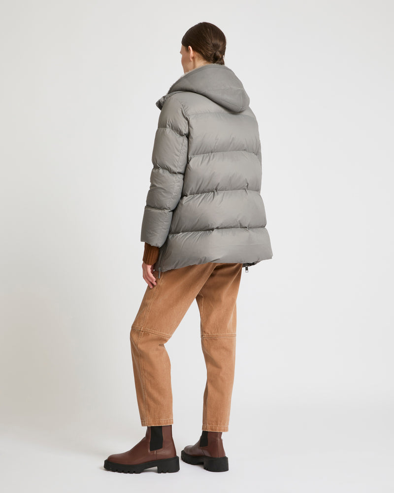 Hooded down jacket in nylon and lamb