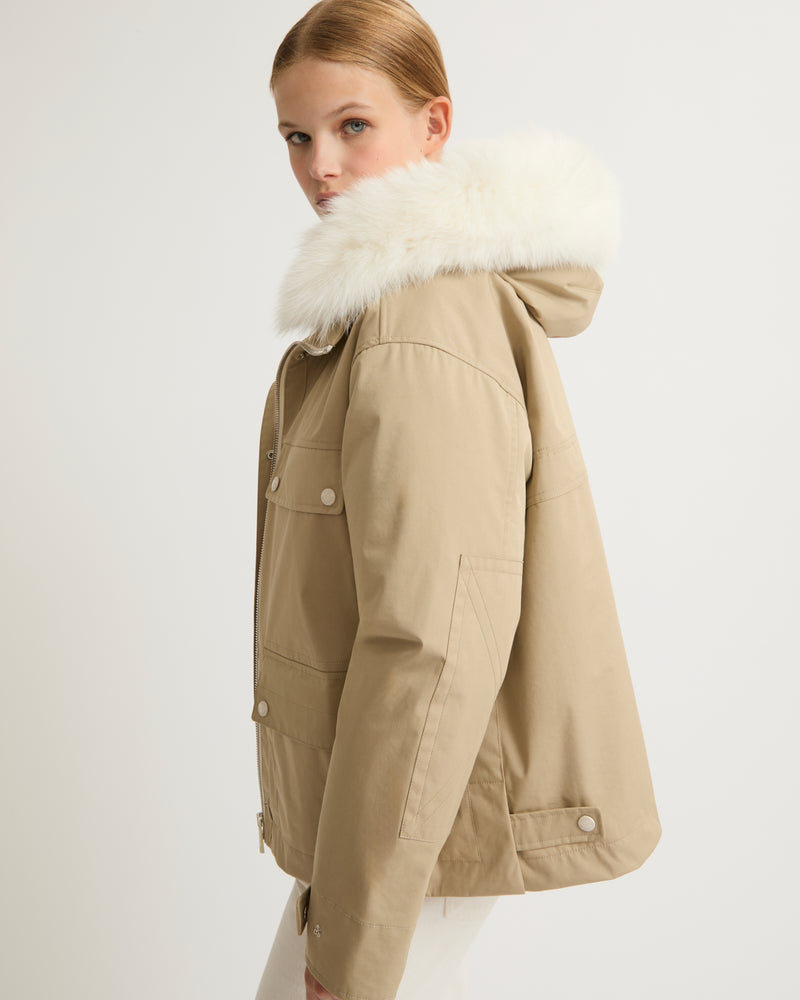 Short parka in cotton blend and fur