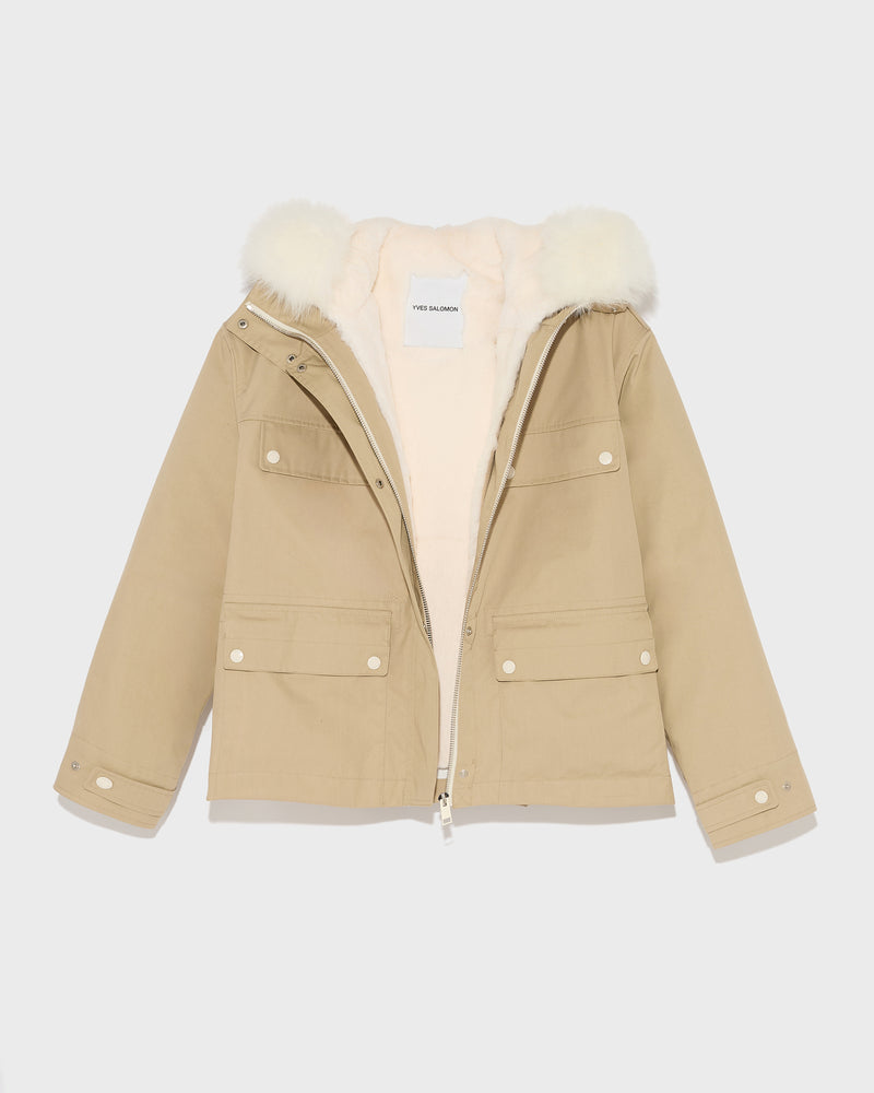 Short parka in cotton blend and fur