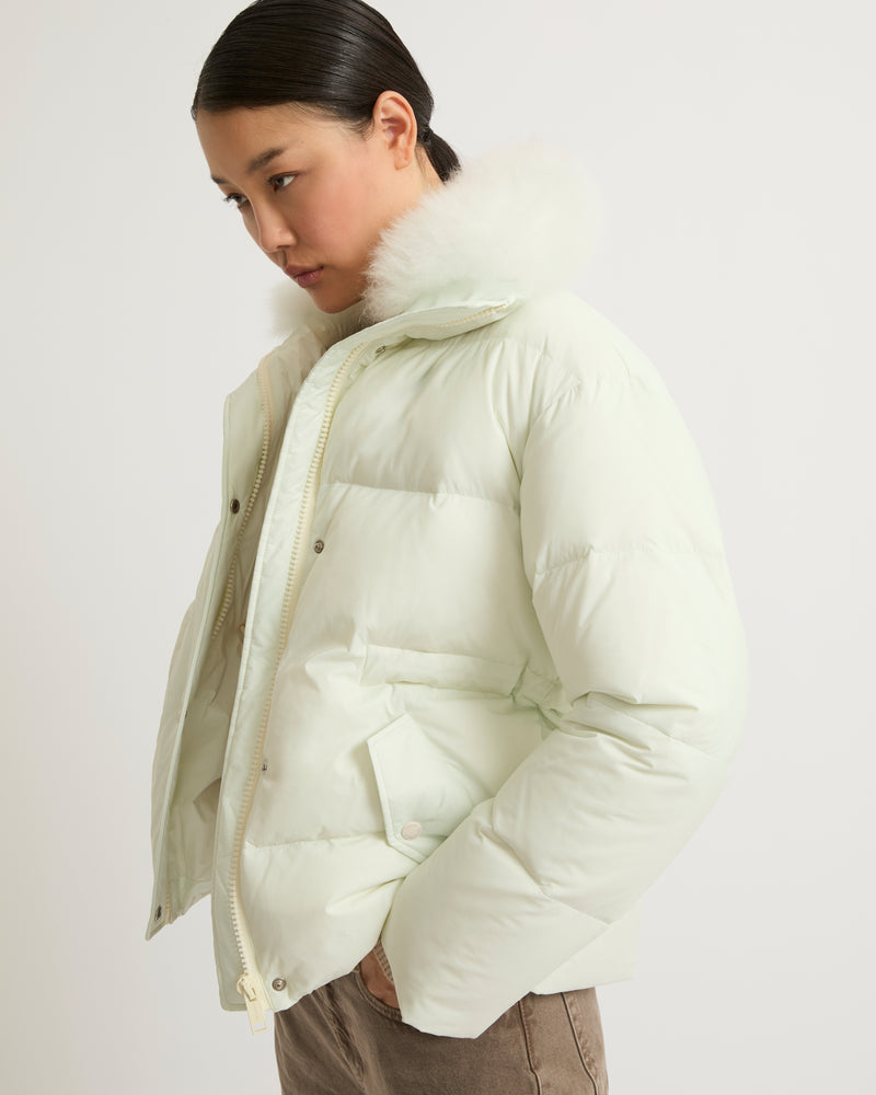 Down jacket with fluffy lambswool trim