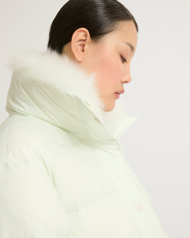 Down jacket with fluffy lambswool trim