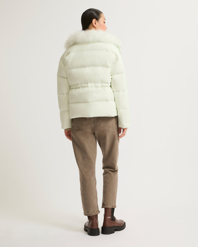 Down jacket with fluffy lambswool trim