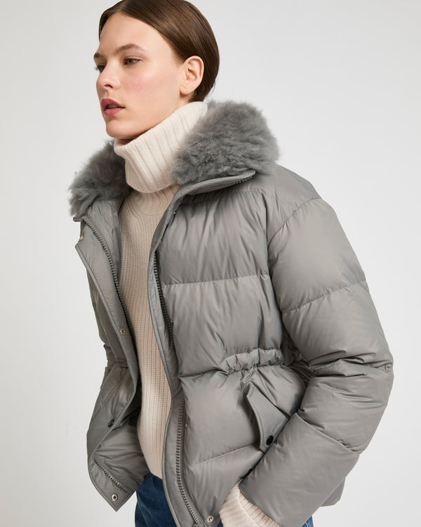 Down jacket with fluffy lambswool trim